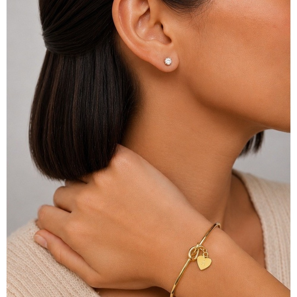 TURNDOSS Gold Tone Knot Bangle Bracelet Heart Charm Initial A Monogram Boxed